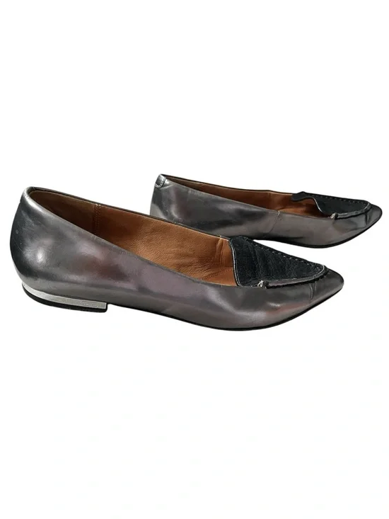 Coach Walsh Silver Metallic Mirror Leather Black Suede Pointed Toe Flats Size 5B - Picture 3 of 9
